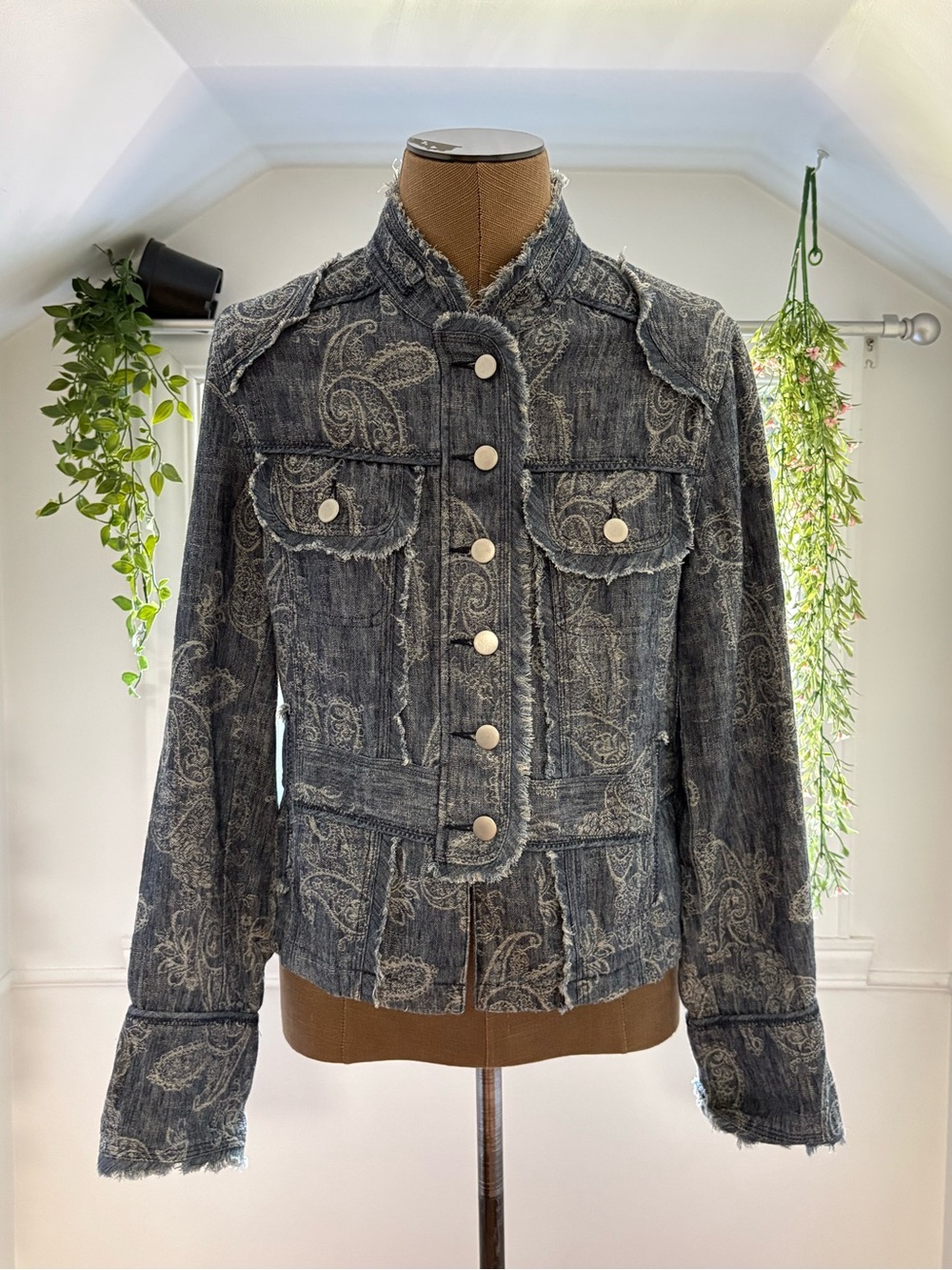 Womens Denim Paisley Button-Front Jacket - Faux Denim